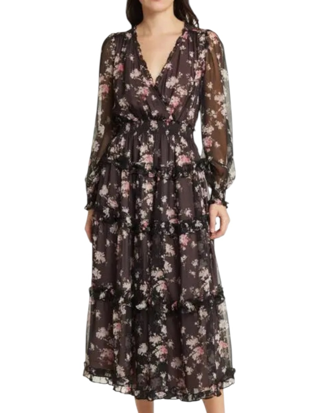 LoveShackFancy Kailo Floral Silk Tiered Midi Dress XS Romantic Feminine French